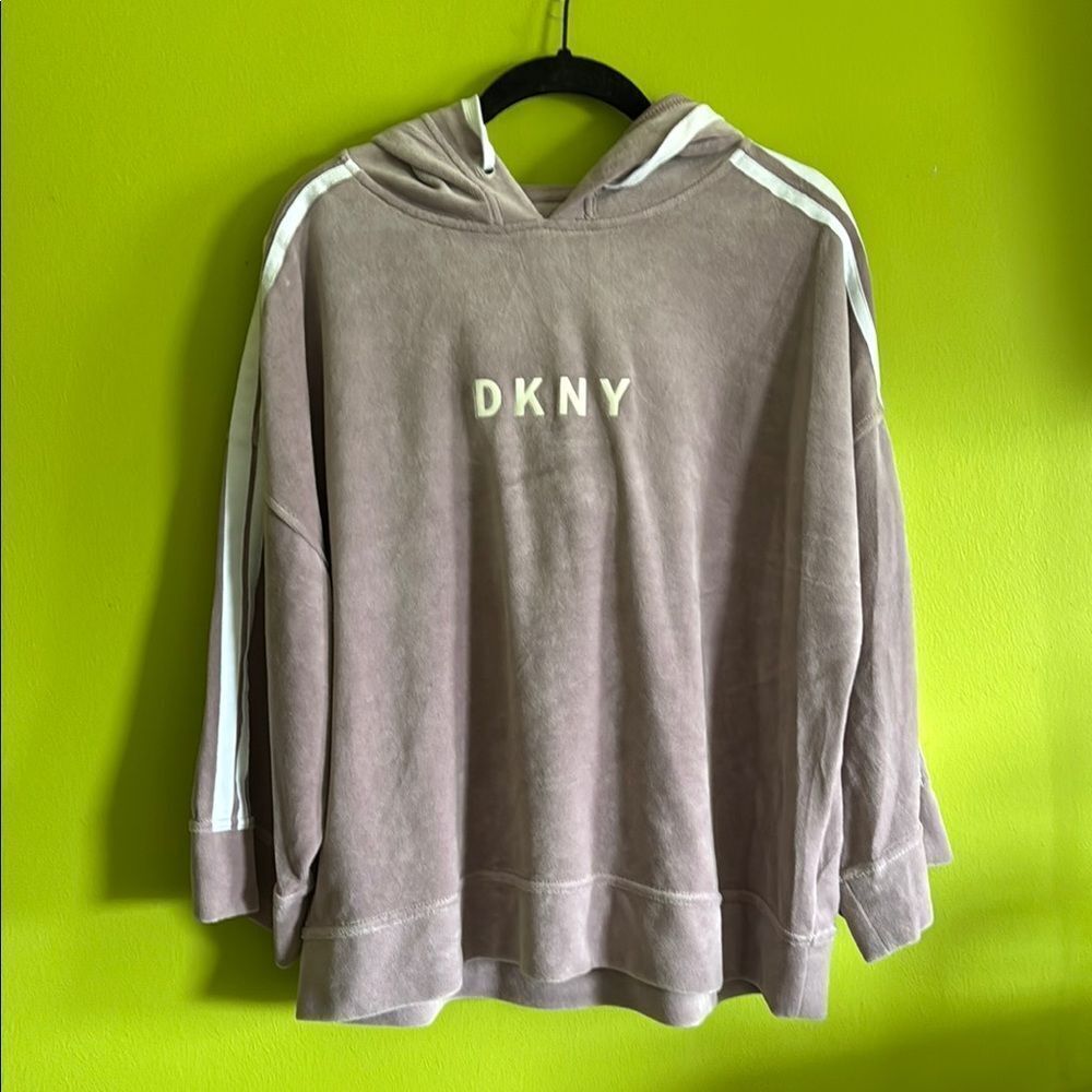 DKNY Taupe/Purple Velour Oversized Hoodie With White Stripes Size L